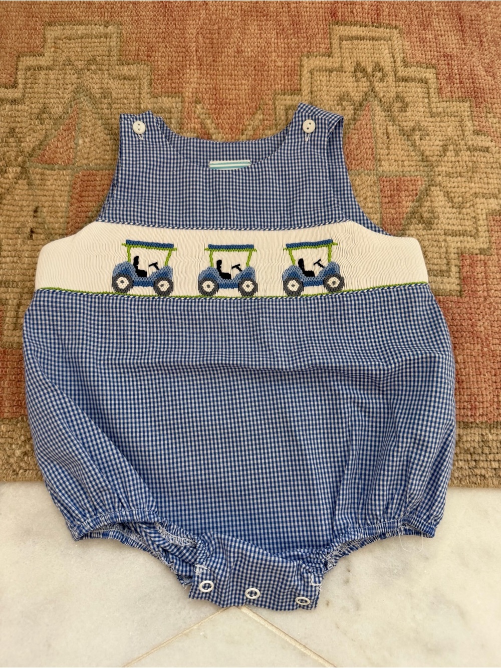 ‼️SOLD‼️ Blue Gingham Smocked Golf Cart Baby Romper, 6mo